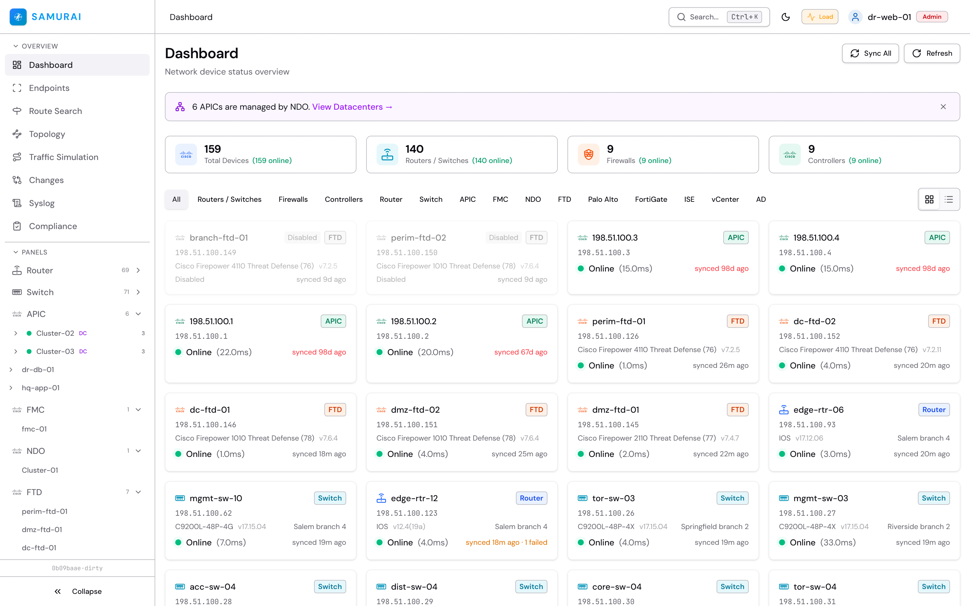 SAMURAI dashboard showing fleet-wide network and security state