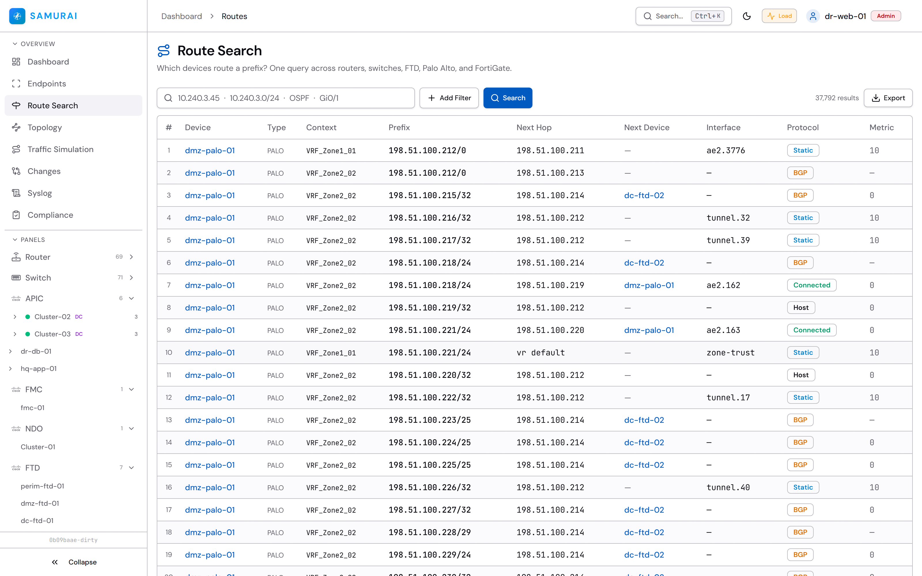 Route search results spanning multiple vendors