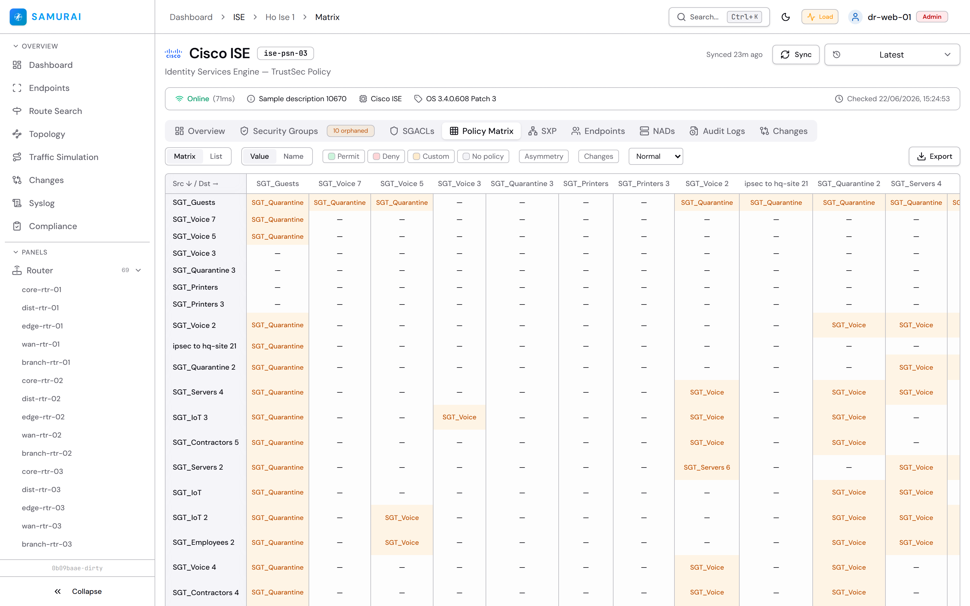 Cisco ISE trustsec matrix view in SAMURAI